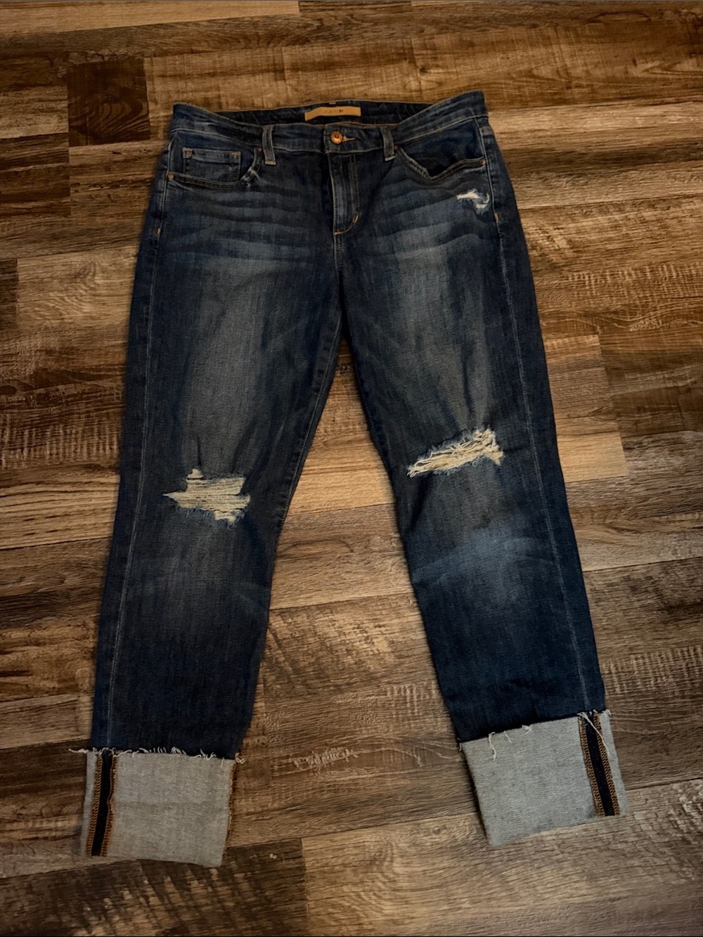 Joe's Jeans Dark Blue Distressed Boyfriend Jeans with Cuffed Hem